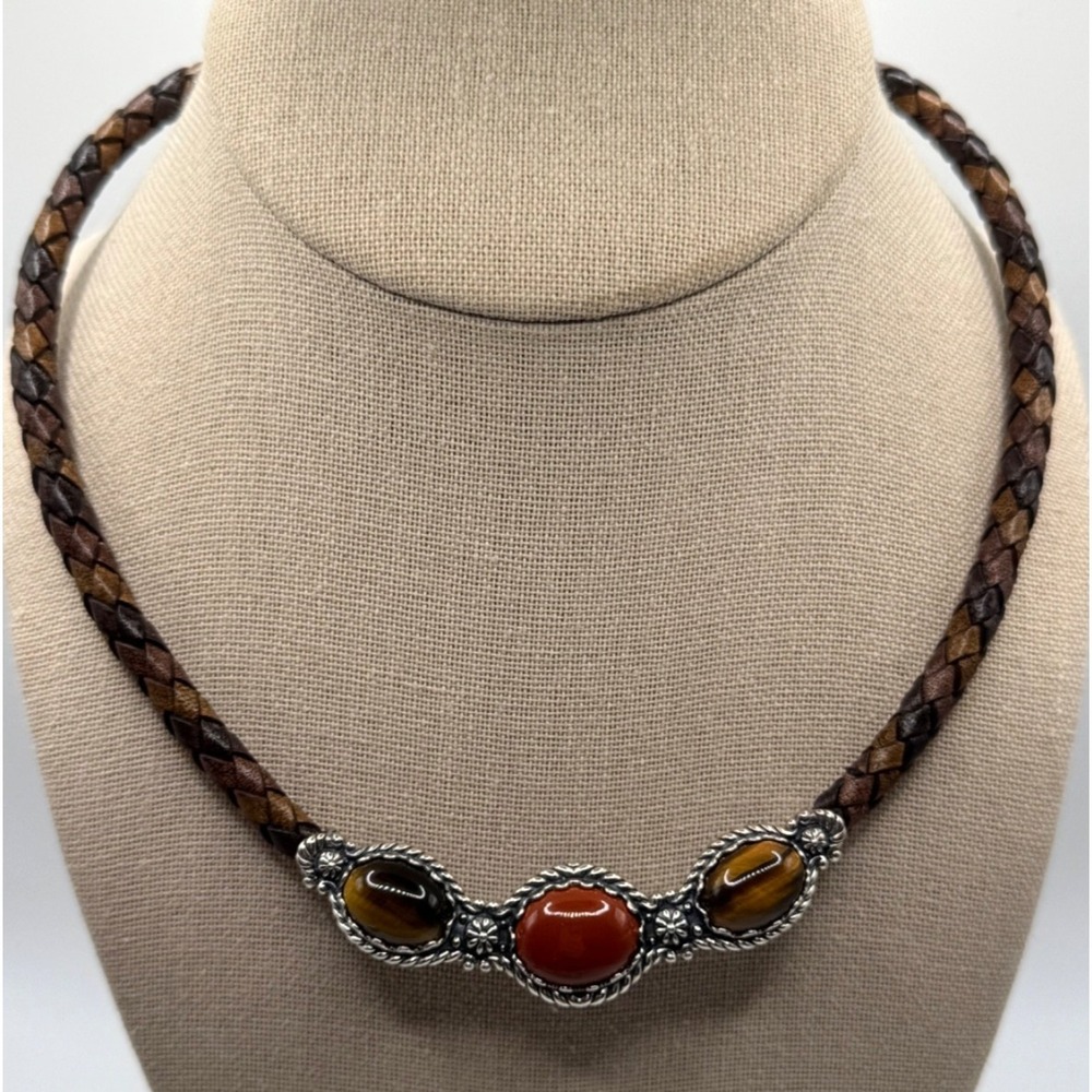 American West Tonal Braided Leather Sterling Silver Jasper Tigers Eye Necklace